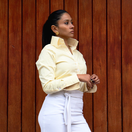 💛 ¡NUEVA! Camisa Rayas Amarilla cuello alto.